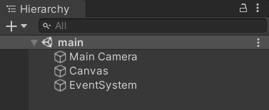 A Unity3D scene heirarchy, with Main Camera, Canvas, and Event System gameobjects