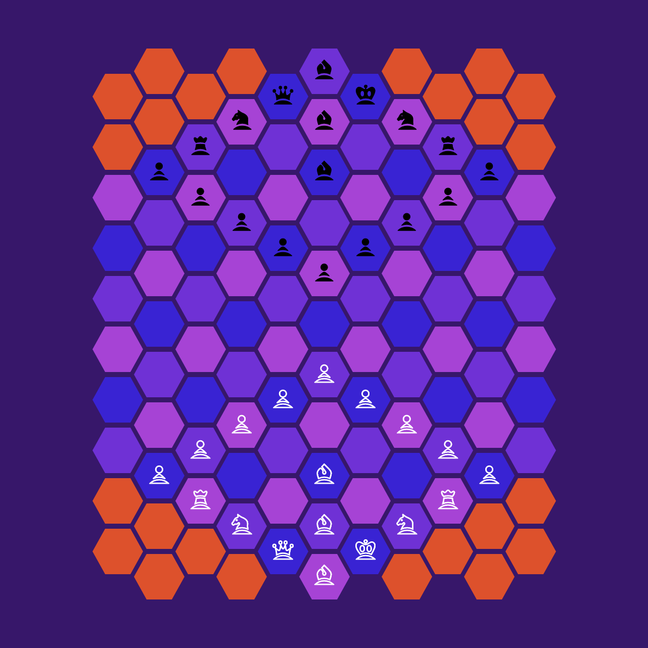 A grid of hexagon-shaped tiles with red hexagons in the corners, revealing a hexagon-shaped group of tiles in the centre.